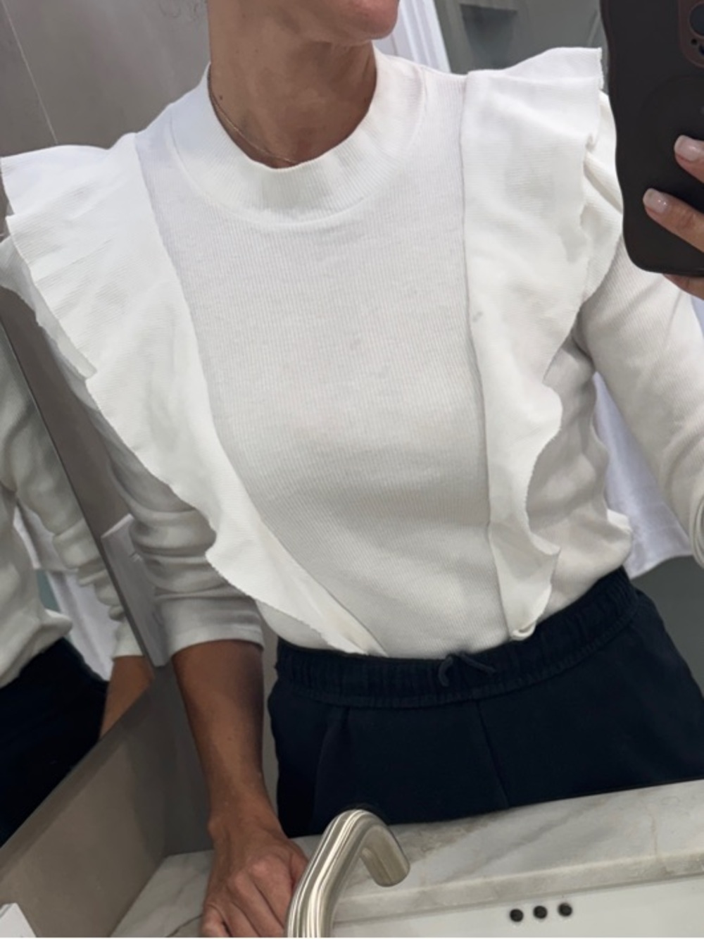 Veronica Beard White Ruffle-Trim Long Sleeve Tee